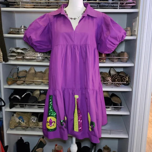 fitted lace wedding dress Mardi Gras Printed Color Block Sequins Dress S main image 1